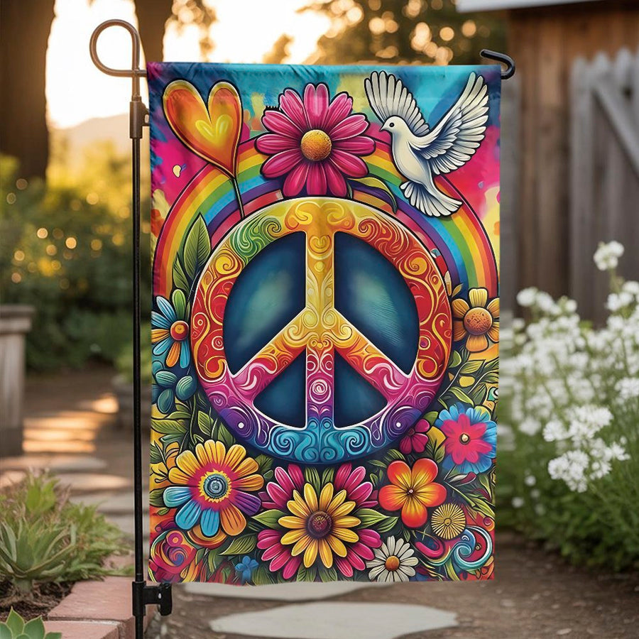 Peace Garden Flag | Rainbow Boho Floral Yard Decor | Weather-Resistant Polyester | Outdoor Gift for Flower Lovers