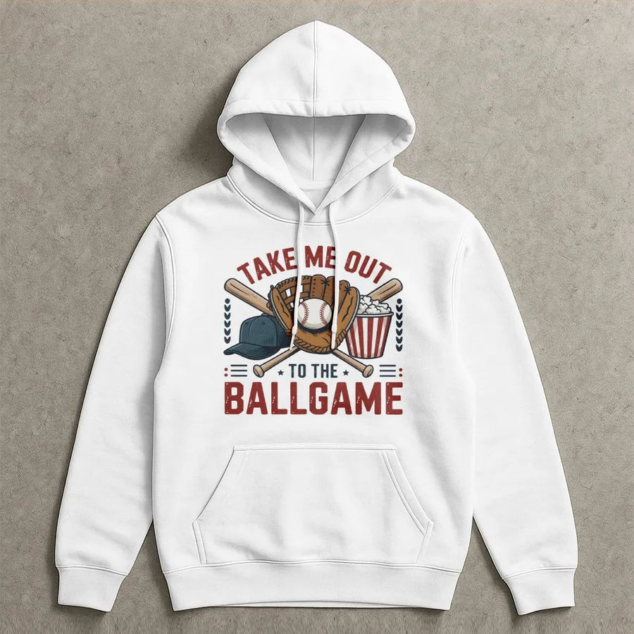 Take Me Out To The Ballgame Hoodie | Vintage Graphic with Bats & Glove | Premium Cotton Blend Pullover | Gift for Baseball Mom Dad Fan