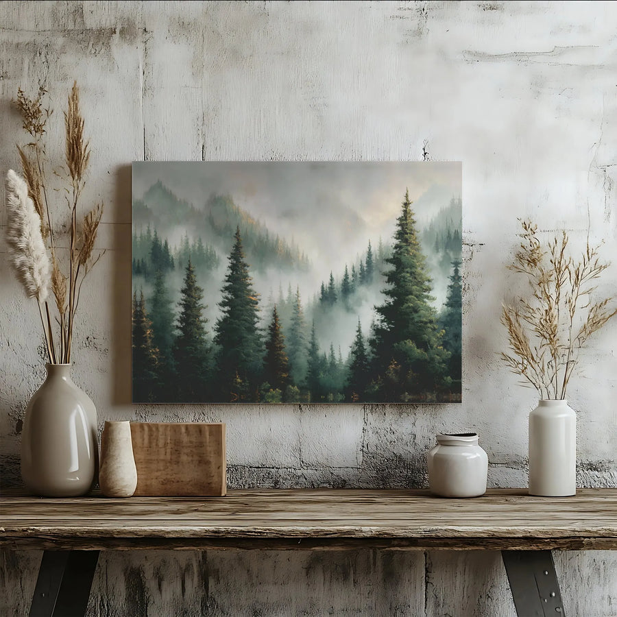 Misty Forest Canvas Wall Art | Evergreen Mountain Landscape Painting | Premium Gallery Wrap Print | Rustic Home Decor Gift
