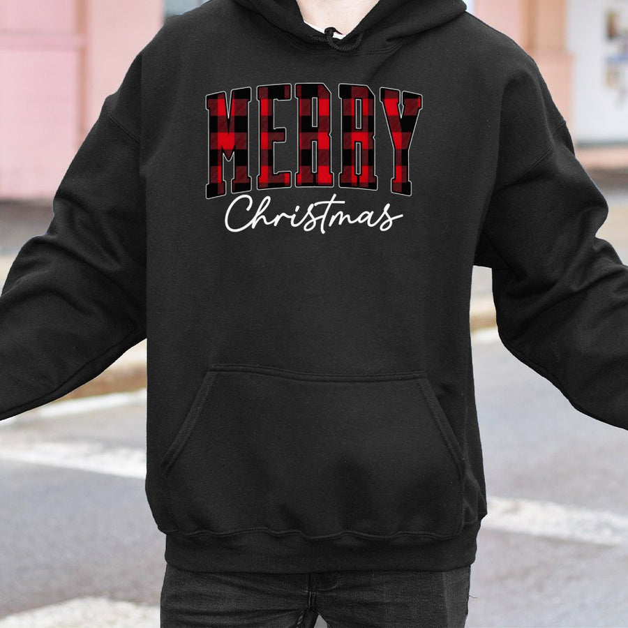 Merry Christmas Hoodie | Buffalo Plaid Red Text Design | Premium Cotton Blend Pullover | Cozy Winter Holiday Gift For Women And Men