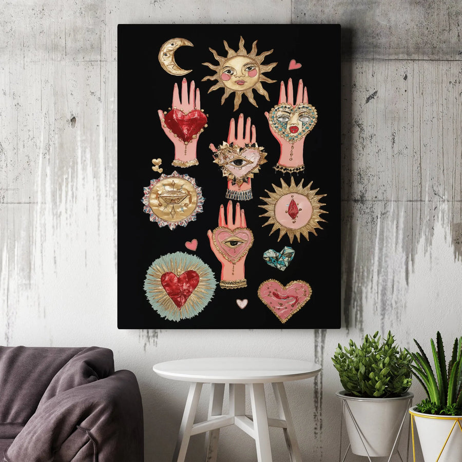 Mystical Sun Moon Canvas Wall Art | Sacred Hearts Spiritual Symbolism Print | Premium Gallery-Wrapped Decor | Boho Witchy Home Aesthetic Gift