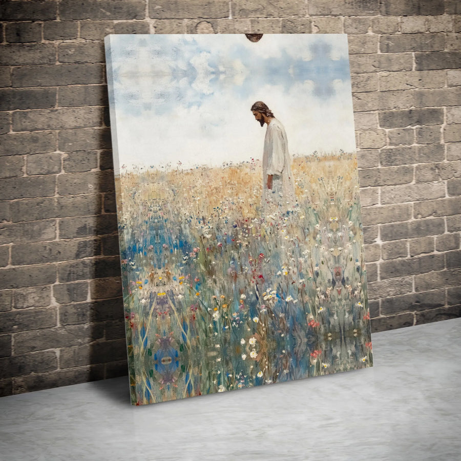 Jesus Walking in Wildflower Field Canvas | Christian Wall Art | 1.25 Inch Premium Gallery Wrap | Religious Home Decor Gift