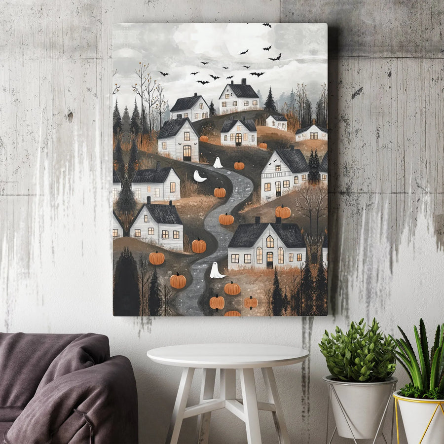 Halloween Village Canvas Art | Spooky Ghost and Pumpkin Town Wall Decor | Gallery Quality 1.25" Thick Print | Autumn Seasonal Home Gift
