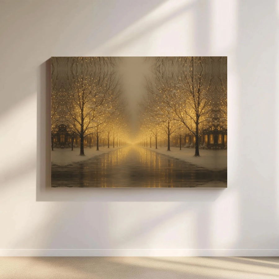 Winter Forest Canvas Print | Golden Fairy Light Trees Art | Gallery Wrapped Premium Decor | Cozy Holiday Home Wall Art