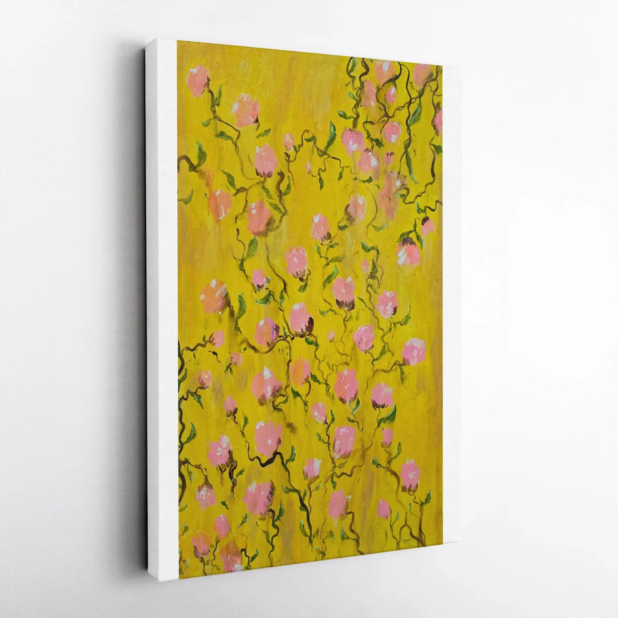 Abstract Floral Garden Vertical Canvas | Pink and Yellow Flower Painting Print | Premium Thick Gallery Wrap | Modern Living Room Wall Decor Gift