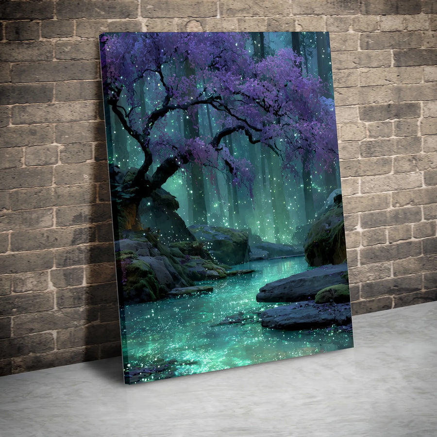 Enchanted Forest Wall Art | Glowing Stream & Purple Blossom Tree Print | Premium Gallery Wrapped Canvas | Magical Fantasy Decor For Home