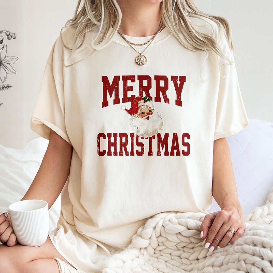 Vintage Merry Christmas T-Shirt | Retro Santa Claus Graphic Tee | 100% Cotton Premium Holiday Shirt | Festive Christmas Gift for Women and Men
