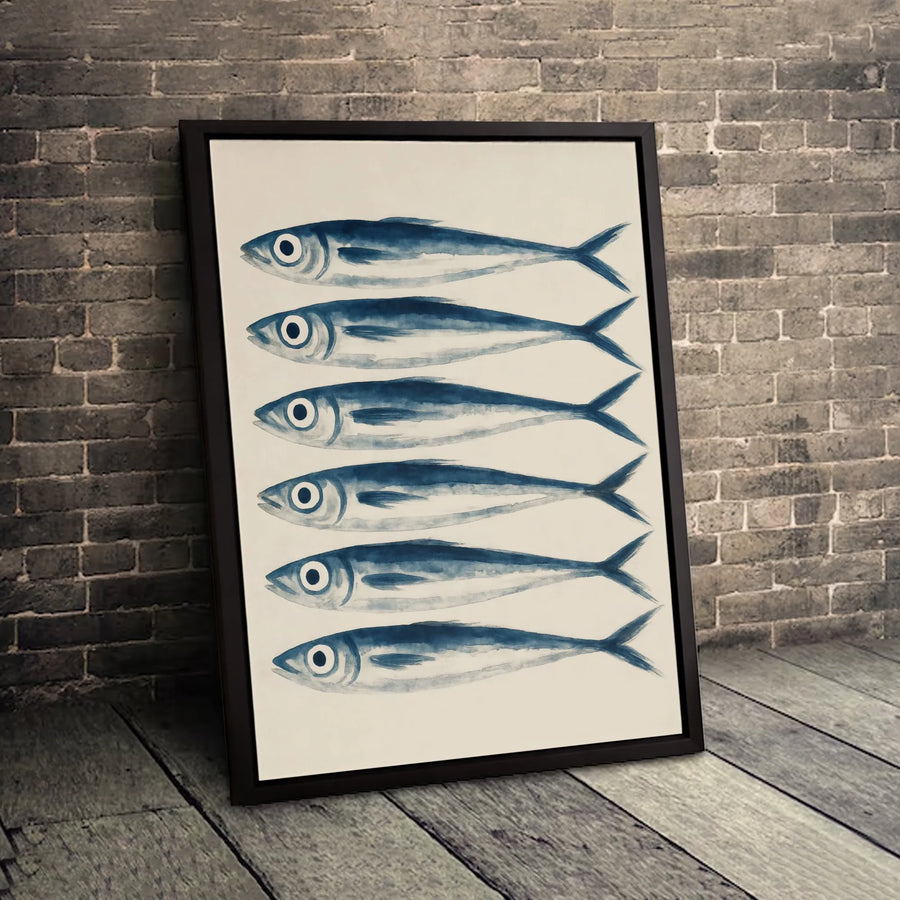 Sardine School Wall Art | Coastal Watercolor Fish Print | Premium Gallery Wrapped Canvas | Beach House Decor for Kitchen or Dining Room