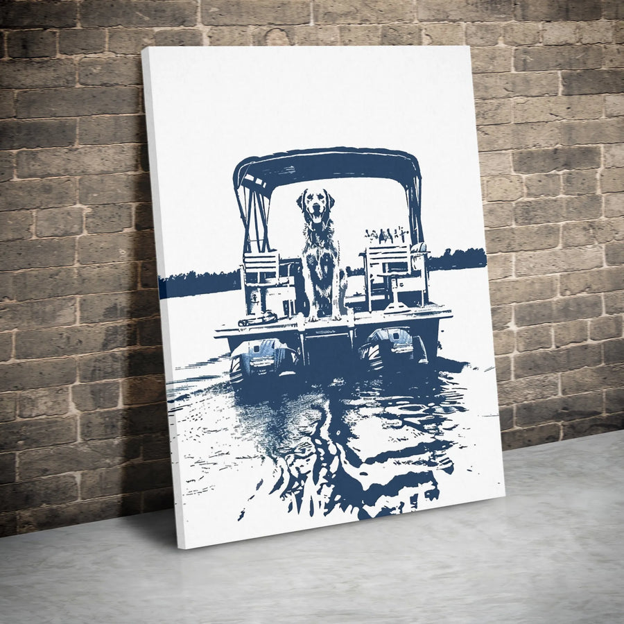 Dog On Pontoon Boat Canvas | Nautical Lake Life Wall Art | Premium Gallery Wrapped Print | Gift For Boat Owners And Dog Lovers