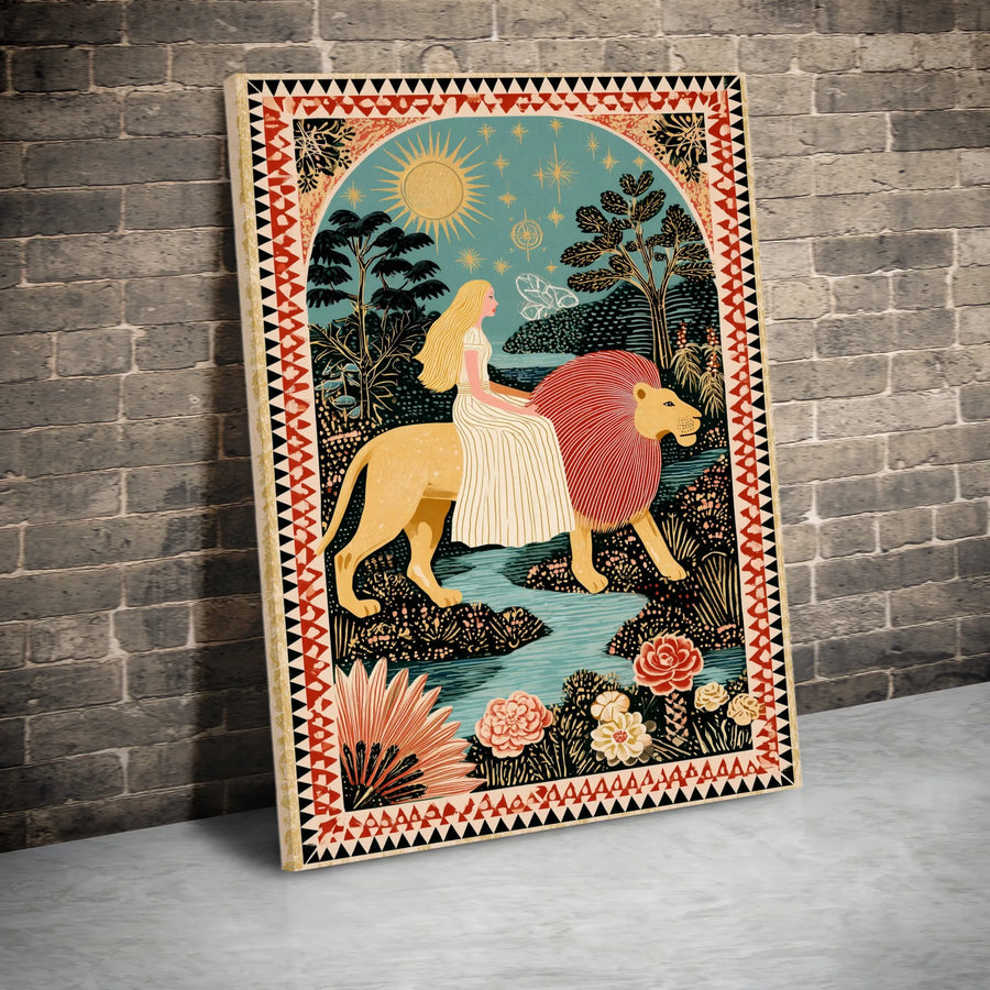 Strength Tarot Card Vertical Canvas | Whimsical Woman Riding Lion Folk Art Illustration | Premium 1.25-Inch Frameless Gallery Wrap | Mystical Celestial Gift for Boho Home Decor