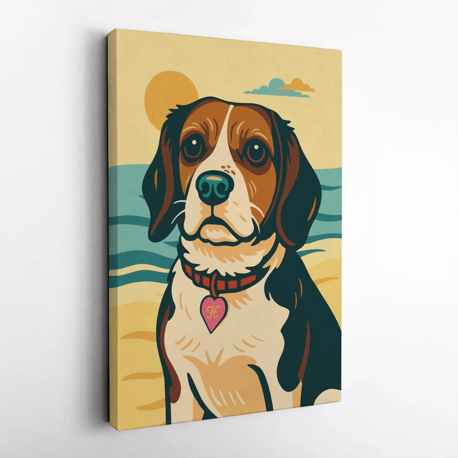 Beagle Dog Wall Art | Retro Beach Scene With Heart Tag | Premium Gallery Canvas | Dog Lover Home Decor Gift
