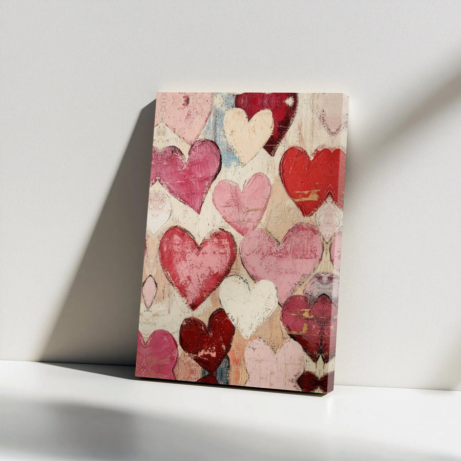 Abstract Love Hearts Canvas Wall Art | Rustic Farmhouse Style Red Pink Hearts | Premium Gallery Wrap Decor | Romantic Gift For Anniversary Home