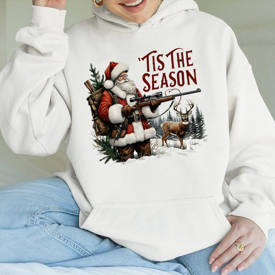 Tis The Season Santa Hunting Hoodie | Funny Deer Hunter Christmas Graphic | Premium Cotton Blend Apparel | Unique Gift For Hunters Men Women