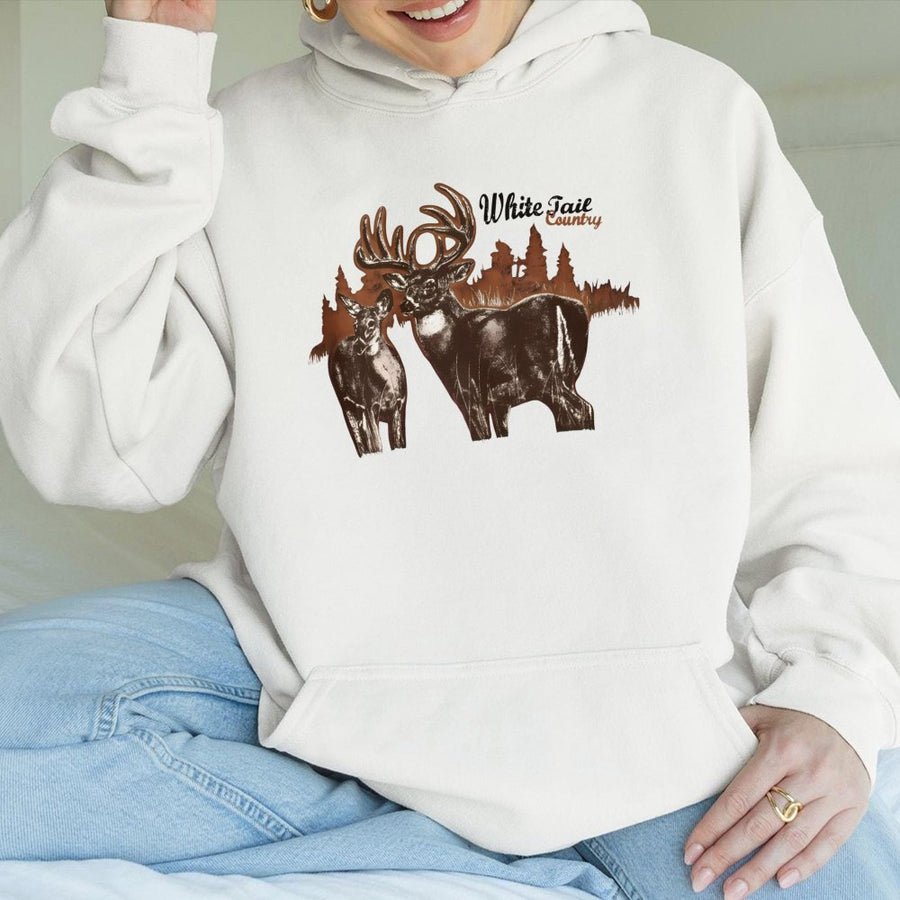 White Tail Deer Hoodie | Vintage Buck and Doe Graphic | Premium Cotton Blend | Nature Lover Hunting Gift for Outdoorsmen