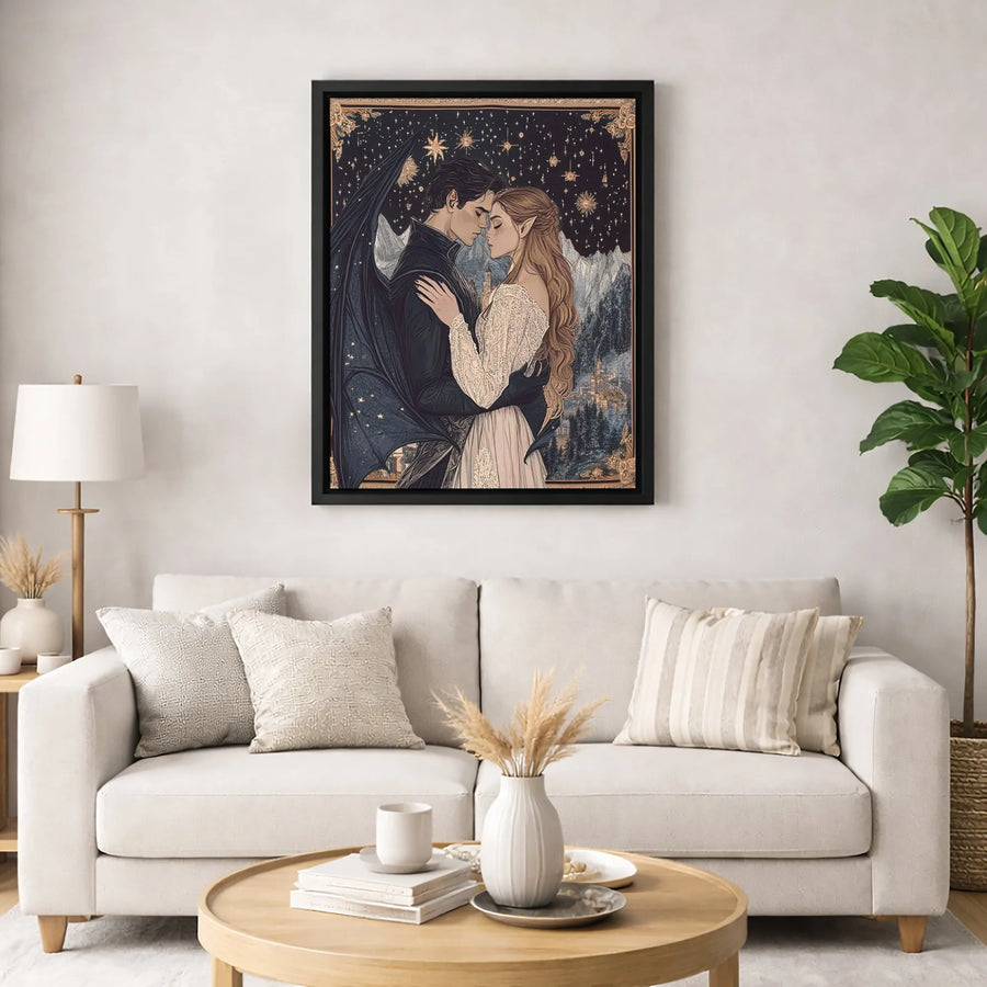 Fantasy Romance Wall Art | Winged Demon and Elf Couple Portrait | Premium Gallery Wrapped Canvas | Romantic Gift for Book Lovers