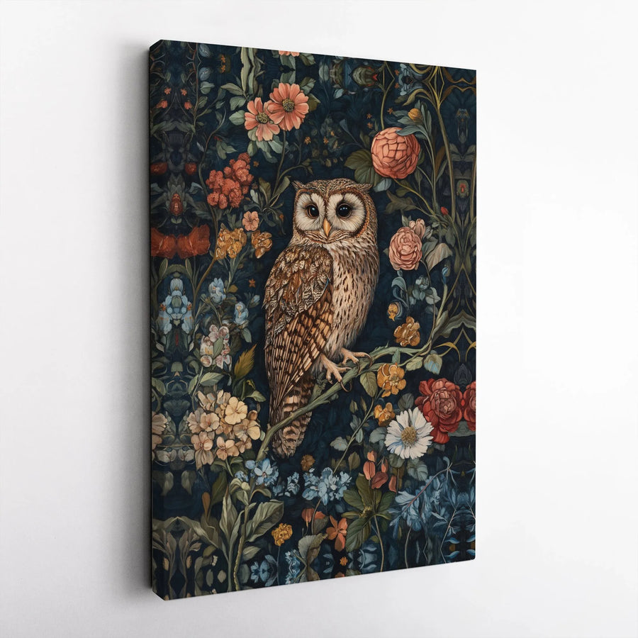 Vintage Owl Wall Art | Dark Floral Botanical Illustration | Premium Gallery Wrapped Canvas | Cottagecore & Dark Academia Home Decor Gift