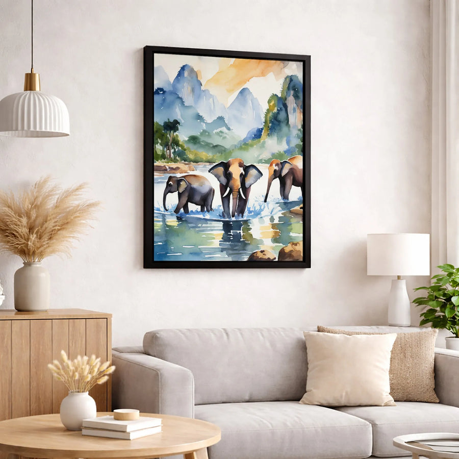 Elephant Watercolor Canvas Print | Majestic Jungle Wildlife River Scenery | Premium 1.25-Inch Gallery Wrap | Nature-Inspired Home Decor Gift