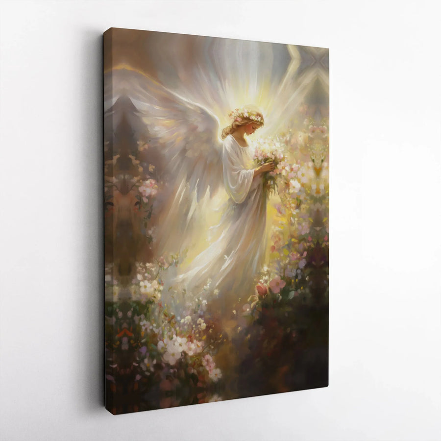 Ethereal Angel Canvas Wall Art | Floral Garden Guardian Portrait | Gallery-Quality 1.25 Inch Thick Profile | Premium Religious Home Decor Gift