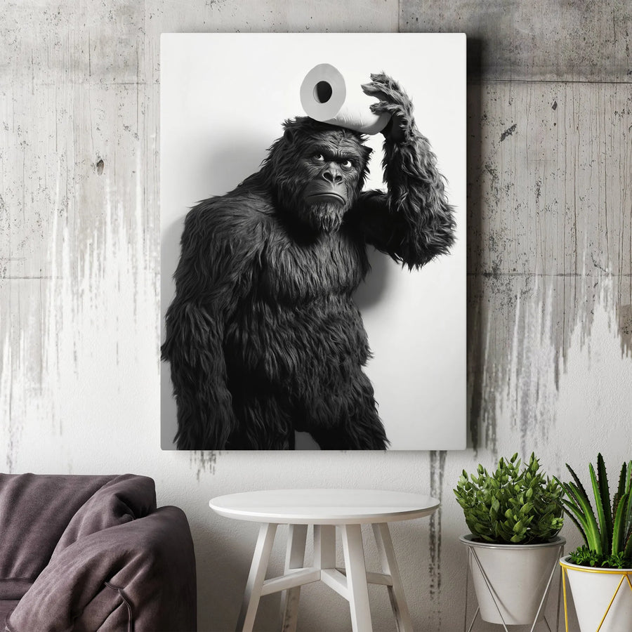 Funny Gorilla Wall Art | Confused Ape With Toilet Paper On Head | Gallery Quality Canvas Print | Whimsical Bathroom Decor Gift