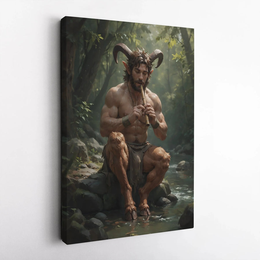 Faun Wall Art Canvas | Mythological Satyr Playing Flute | Premium Gallery Wrapped Decor | Fantasy Forest Home Gift