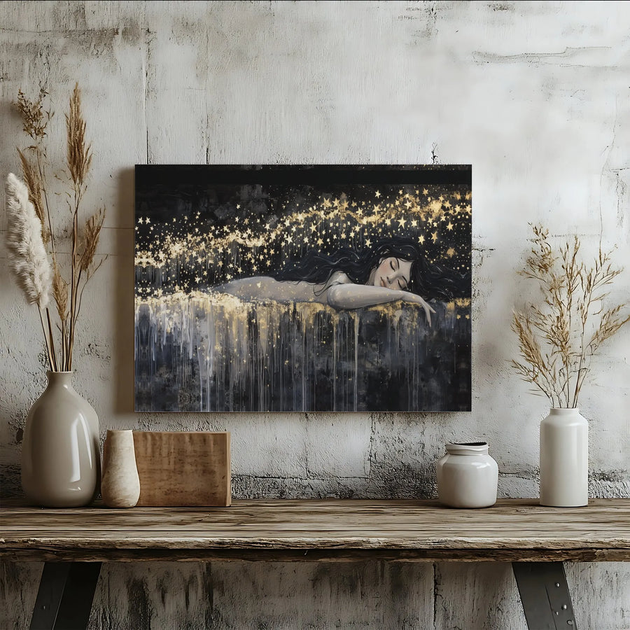 Sleeping Woman Wall Art | Golden Stars Celestial Canvas Print | Premium Gallery Wrap Decor | Dreamy Bedroom Living Room Aesthetic Gift