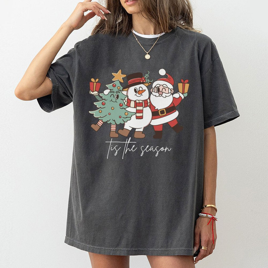 Tis The Season Christmas T-Shirt | Retro Santa Snowman Tree Graphic | Premium 100% Cotton Tee | Unisex Holiday Gift For Family