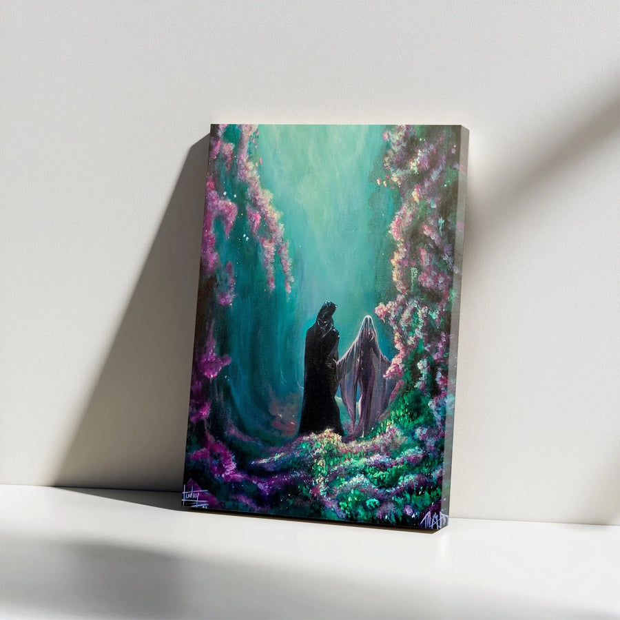 Mystical Forest Fantasy Canvas Art | Two Cloaked Figures In Enchanted Garden | Premium Gallery Wrap Wall Decor | Gothic Romantic Gift For Her