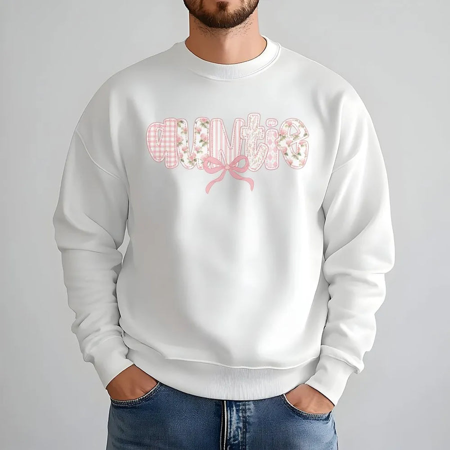 Auntie Sweatshirt | Floral Gingham Patchwork Graphic | Premium Cotton-Blend Sweatshirt | Gift For New Aunt