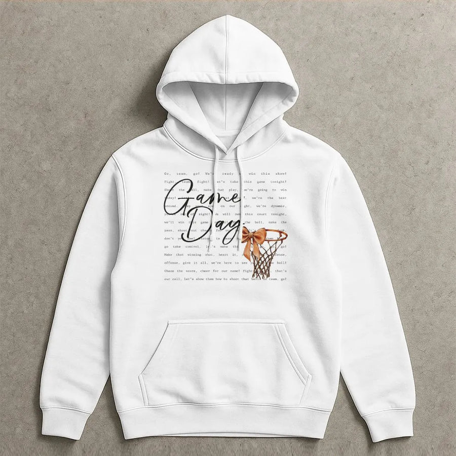 Game Day Basketball Hoodie | Coquette Bow Basketball Hoop Graphic | Premium Cotton Blend | Gift for Basketball Mom & Fan