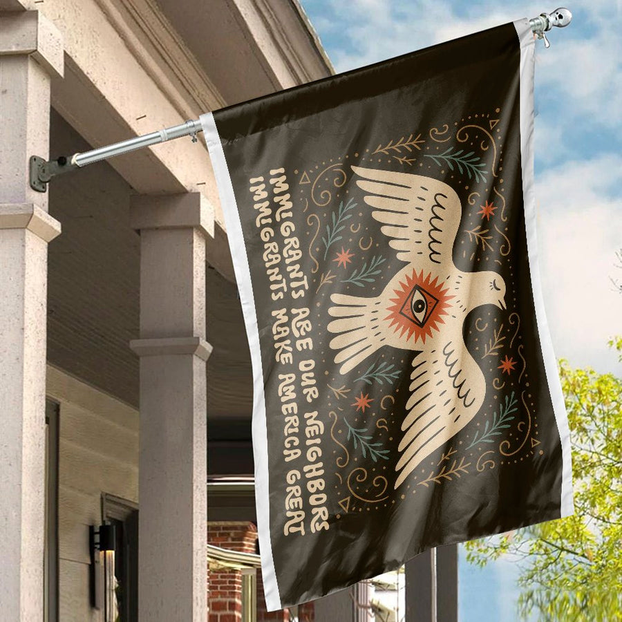 Immigrants Are Neighbors House Flag | Folk Art Dove Social Justice Banner | Premium Fade-Resistant Polyester | Outdoor Home Decor & Gift