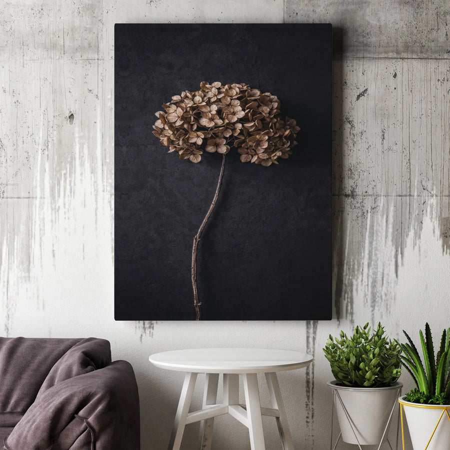 Dried Hydrangea Flower Wall Art | Moody Minimalist Botanical Canvas | Premium Gallery Wrap Decor | Sophisticated Home Office Gift