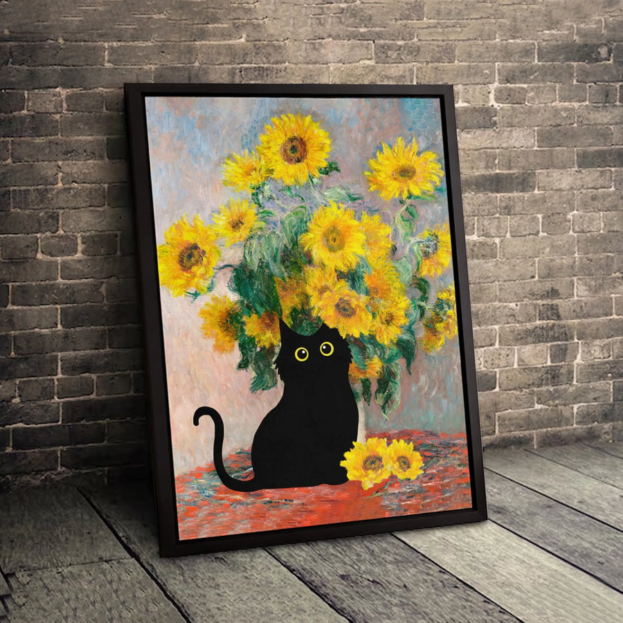 Black Cat Sunflower Canvas Art | Impressionist Monet Style Print | Gallery-Quality 1.25 Inch Wrap | Quirky Cat Lover Gift Wall Decor