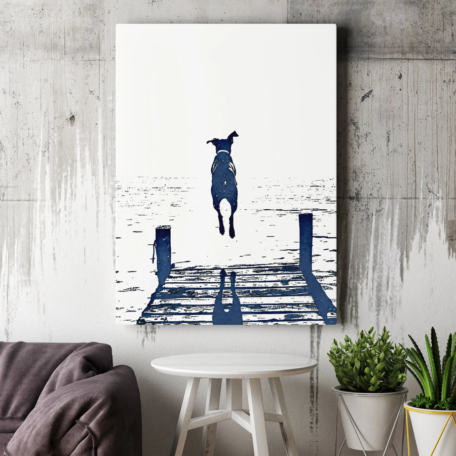 Dog Jumping Off Dock Canvas Art | Minimalist Blue Pet Silhouette Print | Premium Gallery Wrapped 1.25" Profile | Gift for Dog Lovers & Home Decor