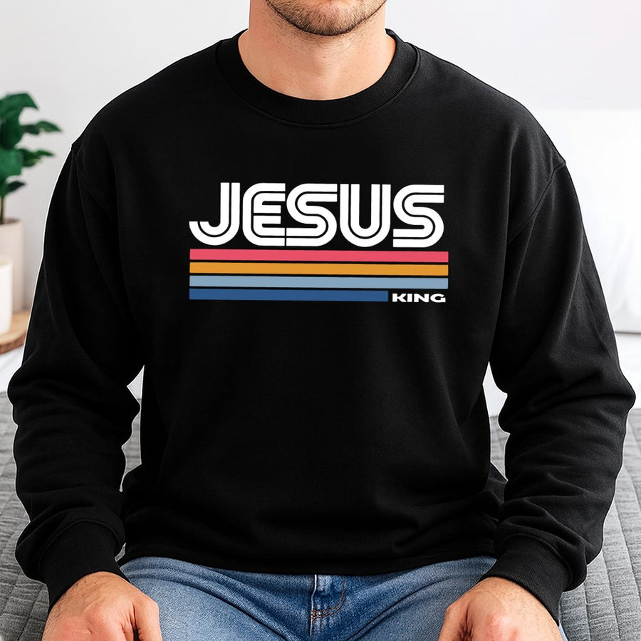 Jesus King Sweatshirt | Retro 70s Striped Christian Graphic | Premium Cotton Blend | Faith-Based Religious Apparel Gift for Men and Women