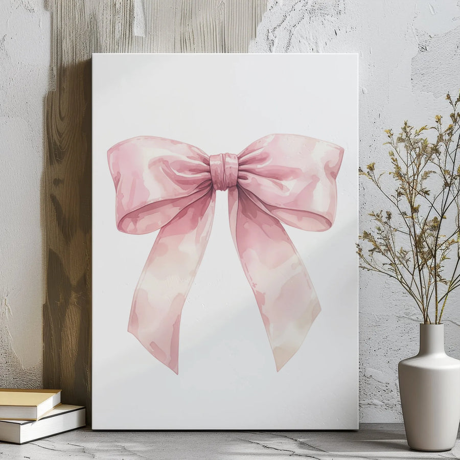 Pink Bow Wall Art | Watercolor Ribbon Minimalist Print | Premium Gallery Wrapped Canvas | Elegant Nursery or Bedroom Home Decor