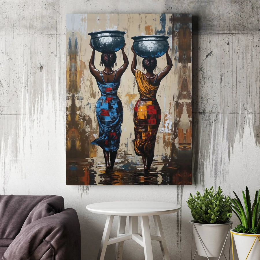 African Women Canvas Wall Art | Abstract Painting Print of Pot Carriers | Premium Thick Gallery Canvas | Modern Afrocentric Home Decor Gift