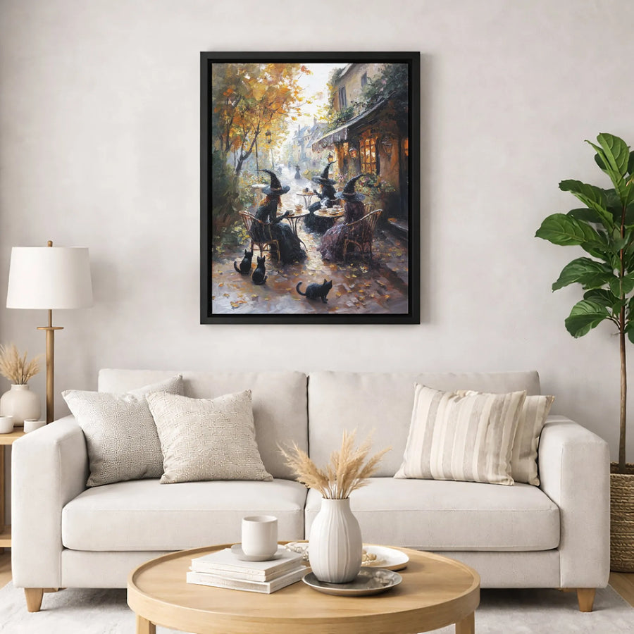 Witches Coffee Cafe Canvas Wall Art | Autumn Witch Decor with Black Cats | Premium 1.25 Inch Gallery Wrap | Spooky Halloween Home Gift