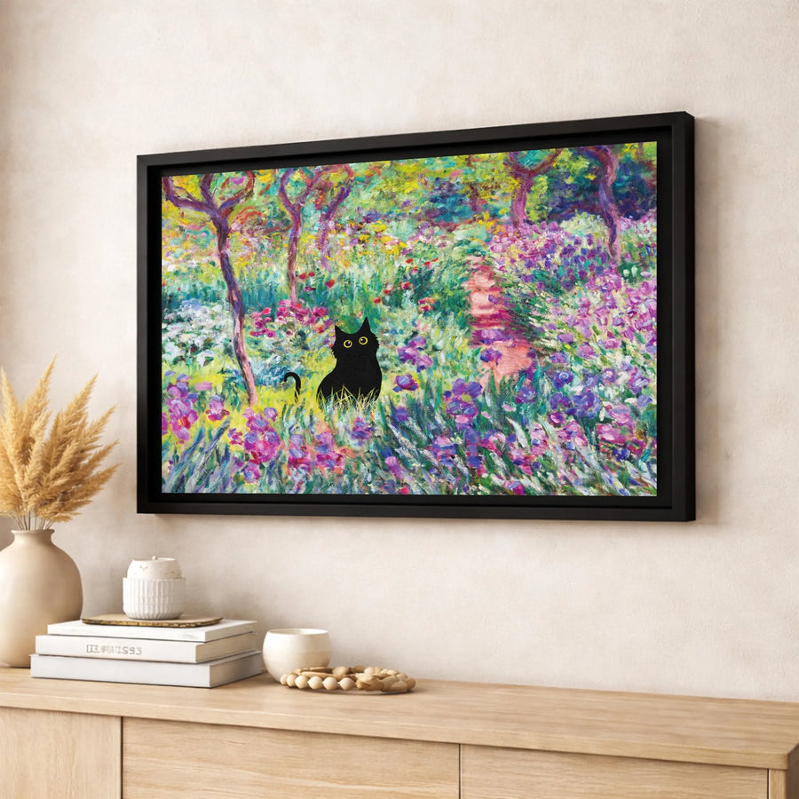 Black Cat Wall Art | Impressionist Garden Oil Painting Style | Premium Gallery-Wrapped Canvas | Unique Cat Lover Gift for Home Office Decor