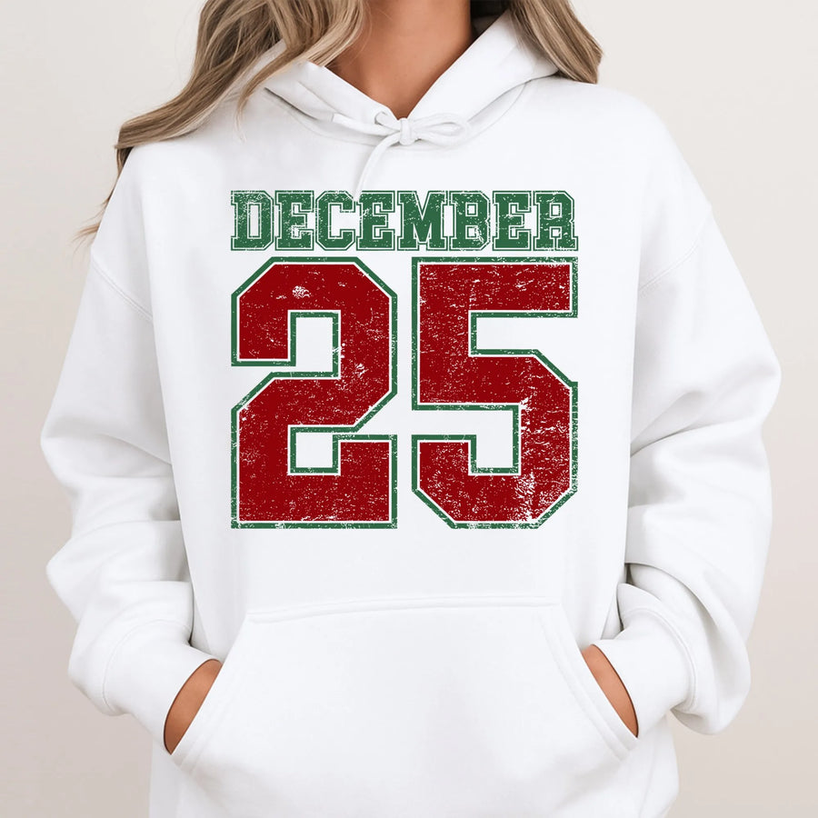 December 25 Hoodie | Retro Christmas Date Varsity Graphic | Unisex Premium Cotton Blend | Holiday Gift For Men And Women