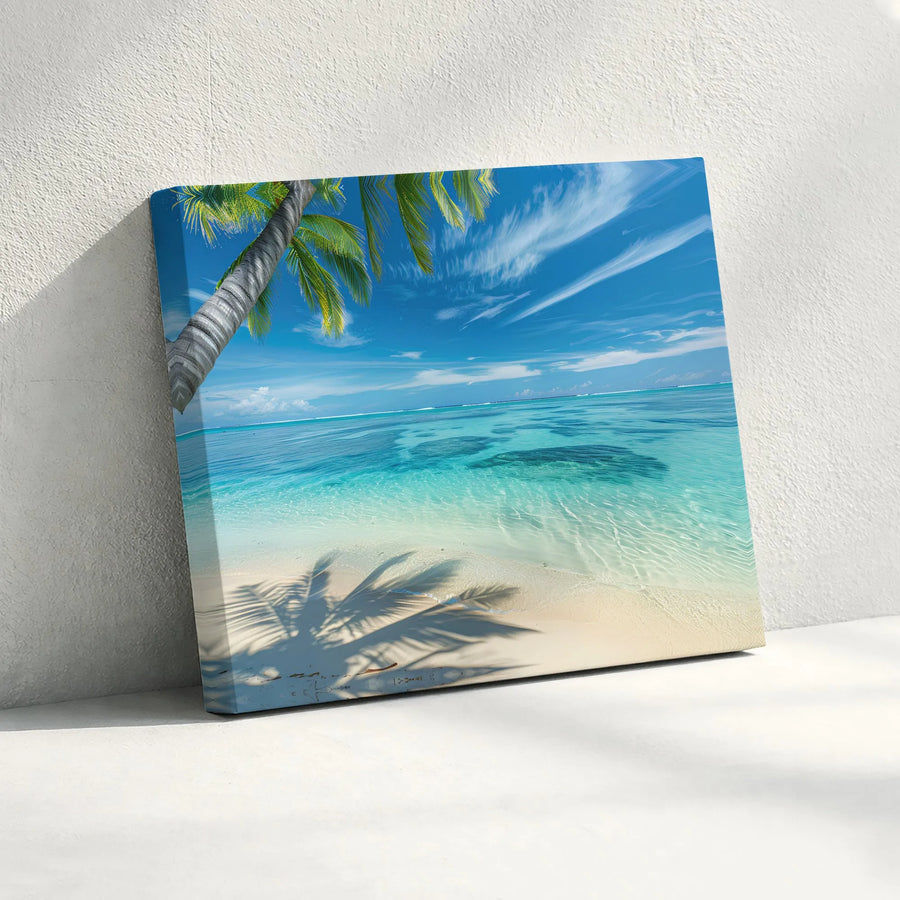Tropical Beach Horizontal Canvas | Palm Tree Ocean Waves Coastal Wall Art | Premium Fade-Resistant Frameless Print | Modern Living Room Decor Gift