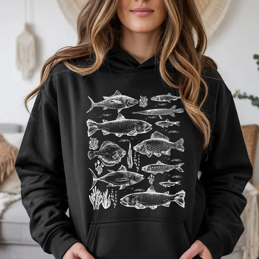 Fishing Hoodie | Vintage Fish Illustration Sketch | Premium Cotton Blend | Gift for Angler Fishermen Nature Lovers