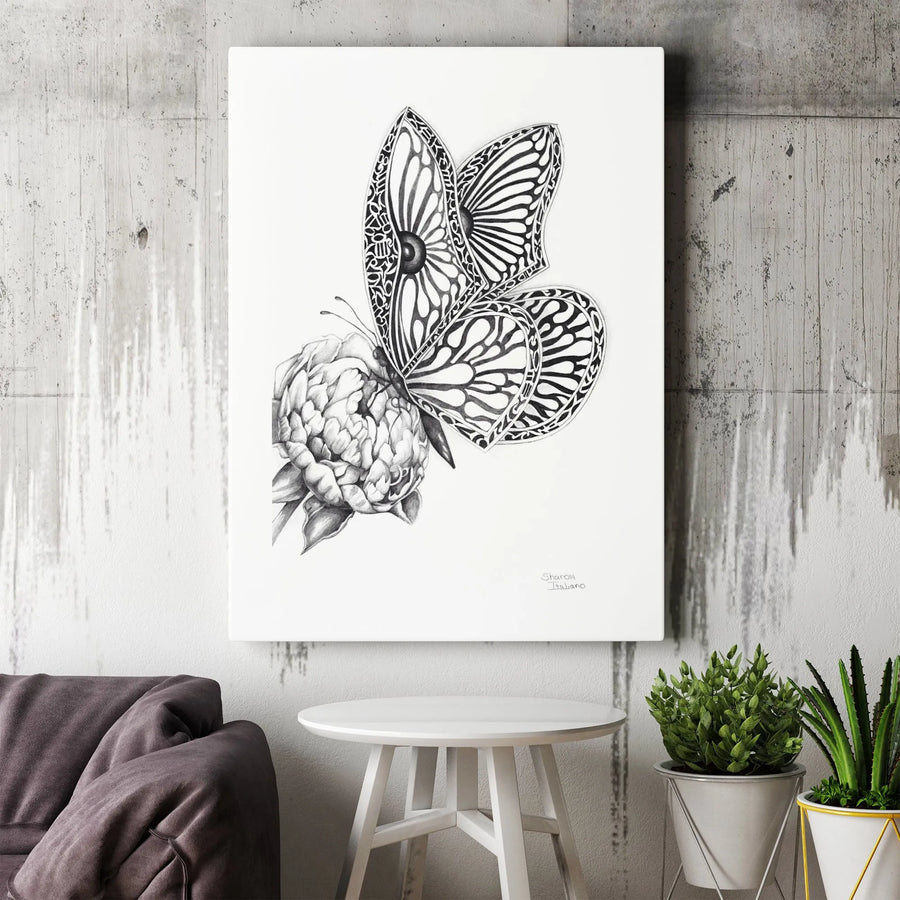 Butterfly on Peony Canvas Print | Intricate Black and White Sketch Illustration | Premium Fade-Resistant Canvas | Modern Botanical Wall Decor Gift