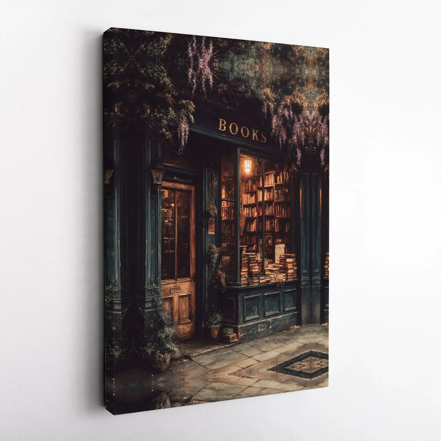 Cozy Bookstore Wall Art | Dark Academia Wisteria Shop Canvas Print | Premium Gallery Wrapped Decor | Gift for Book Lovers and Readers