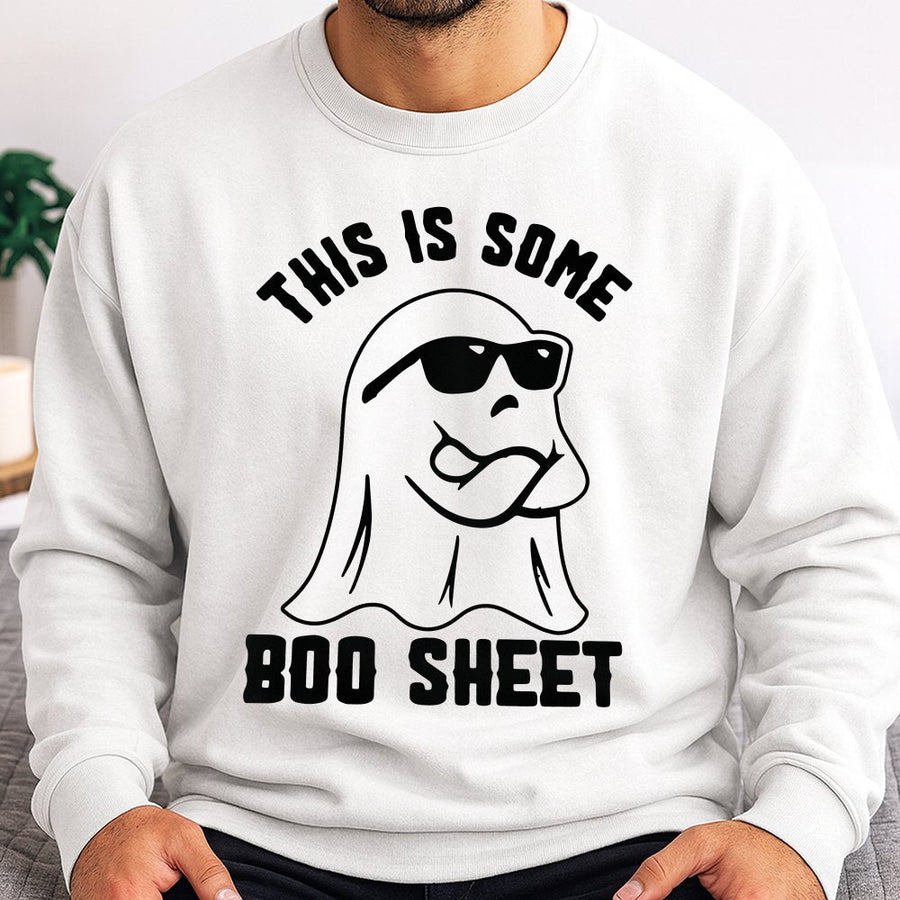 This Is Some Boo Sheet Sweatshirt | Funny Ghost Pun Halloween Graphic | Premium Cotton Blend | Unisex Gift for Halloween Party Lovers