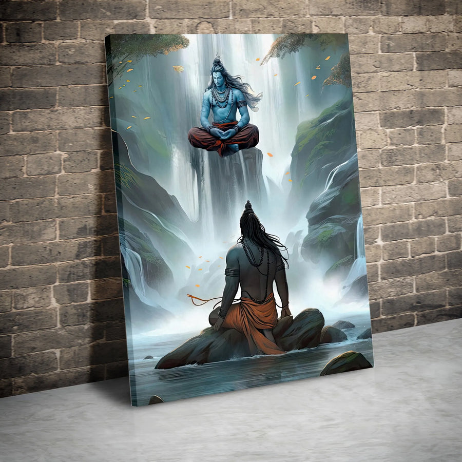 Lord Shiva Canvas Wall Art | Meditating Adiyogi at Waterfall | Premium Gallery Wrapped Canvas | Spiritual Hindu Home Decor Gift for Yoga Studio