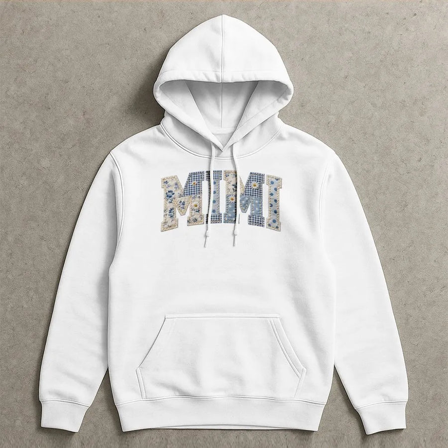 Mimi Hoodie Sweatshirt | Blue Floral Patchwork Print Letters | Cozy Cotton Blend Pullover | Mothers Day Gift for Grandma, New Mimi Gift