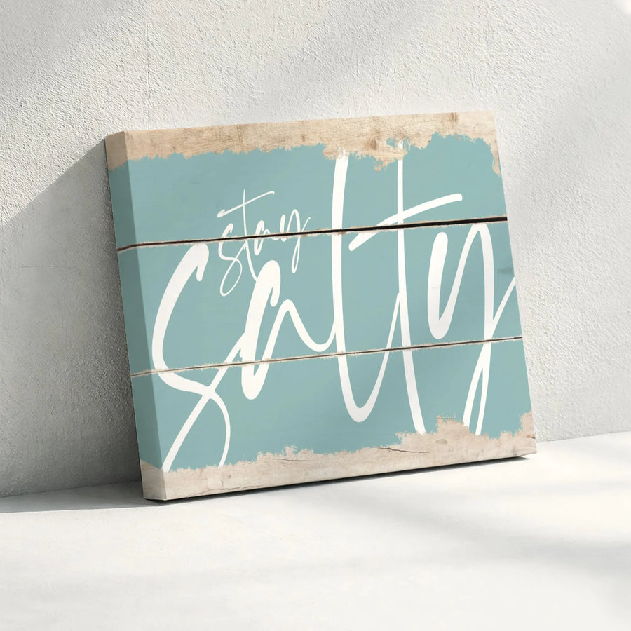Stay Salty Wall Art | Rustic Teal Wood Grain Beach Decor | Premium 1.25 Inch Framed Canvas Print | Coastal Home Office Wall Decor