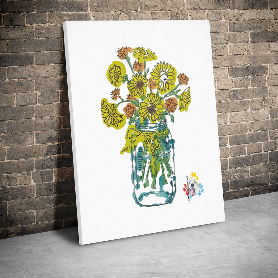 Yellow Sunflower Mason Jar Canvas | Dog Paw Print Watercolor Wall Art | Premium Gallery Wrap Print | Modern Farmhouse Kitchen Home Decor Gift