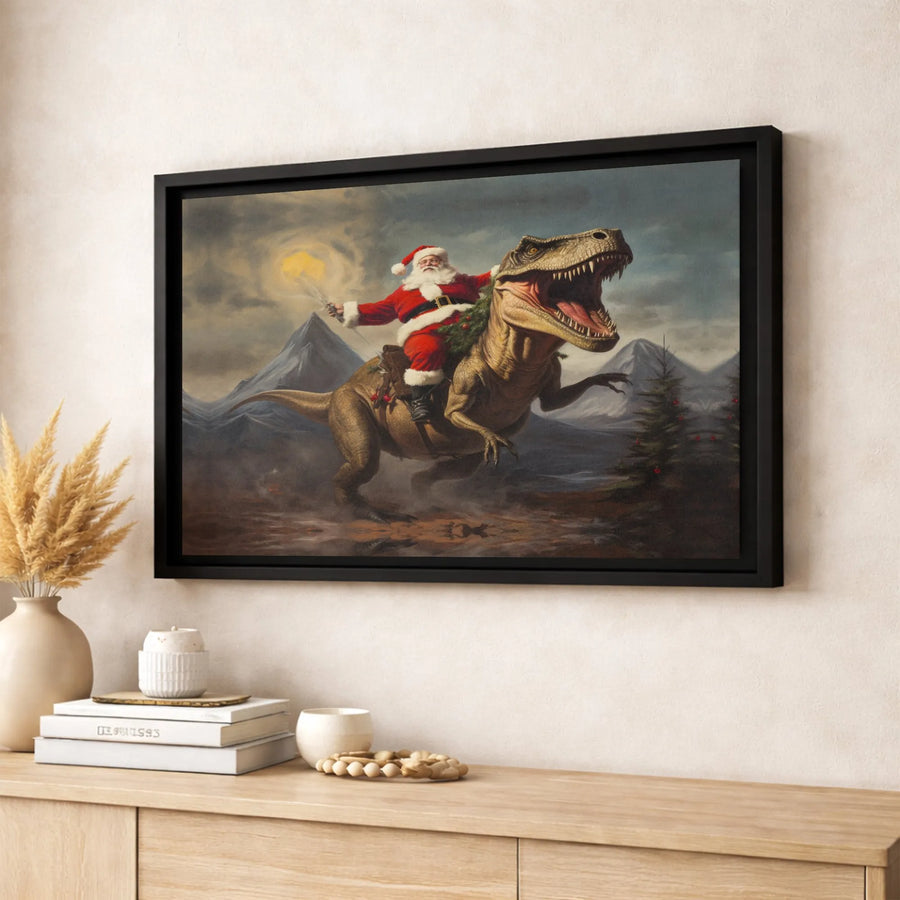 Santa Claus Riding T-Rex Canvas | Funny Dinosaur Christmas Wall Art | Premium Gallery Wrapped Print | Unique Holiday Home Decor Gift