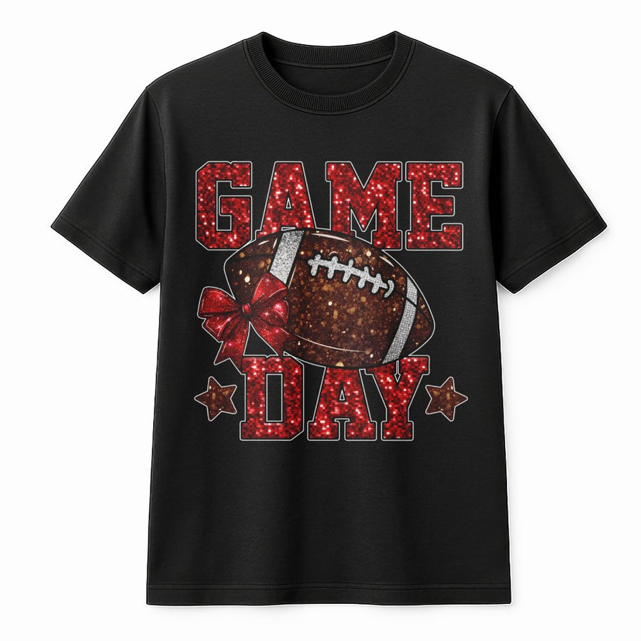 Game Day Football T-Shirt | Red Glitter Bow Graphic Design | Premium 100% Cotton Apparel | Sporty Gift for Football Moms and Fans